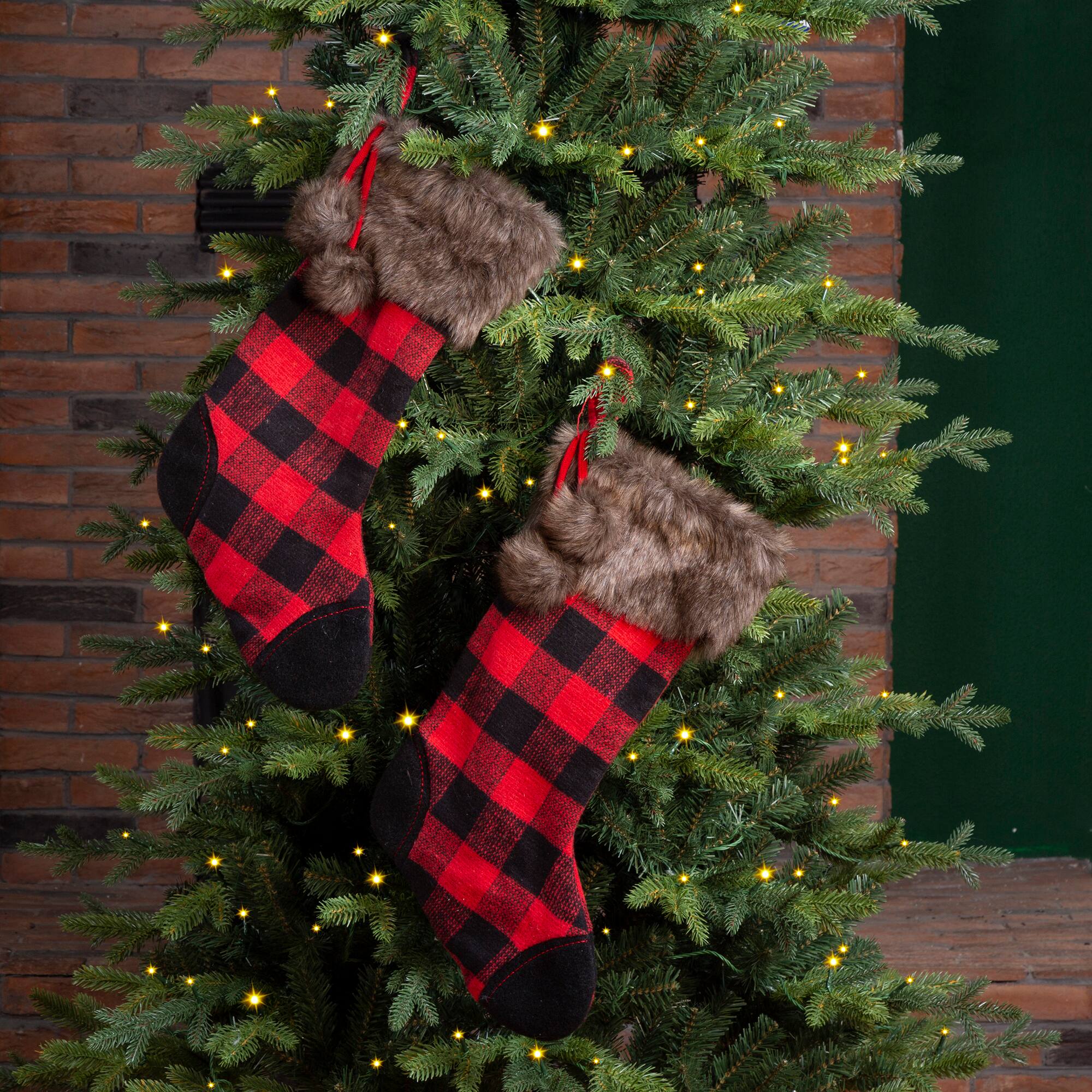 Glitzhome® 21" Black And Red Buffalo Plaid Pompom Stocking, Set Of 2